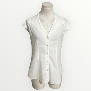 HELMIT LANG White Button-Up Blouse Top Shirt Short Capped Sleeves Sheer P S